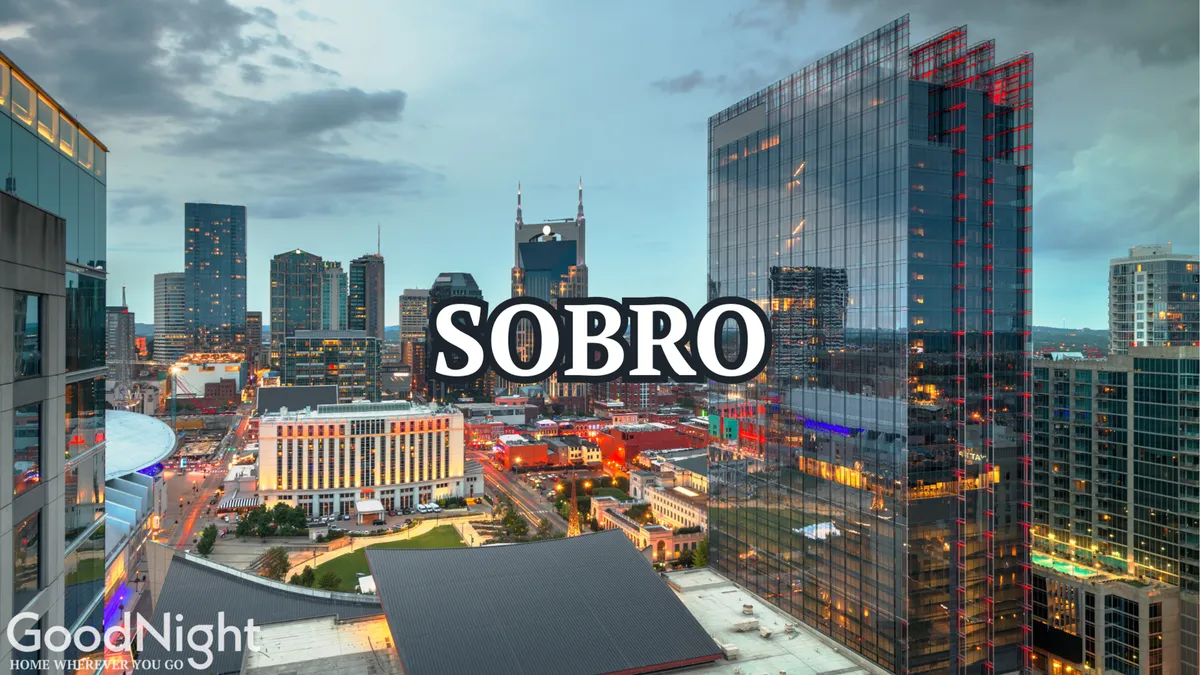 A dazzling city skyline illuminated against the night sky, with modern buildings and the vibrant SOBRO sign in view. The perspective offers a sweeping vista ideal for capturing the energy and excitement of Nashville’s nightlife.