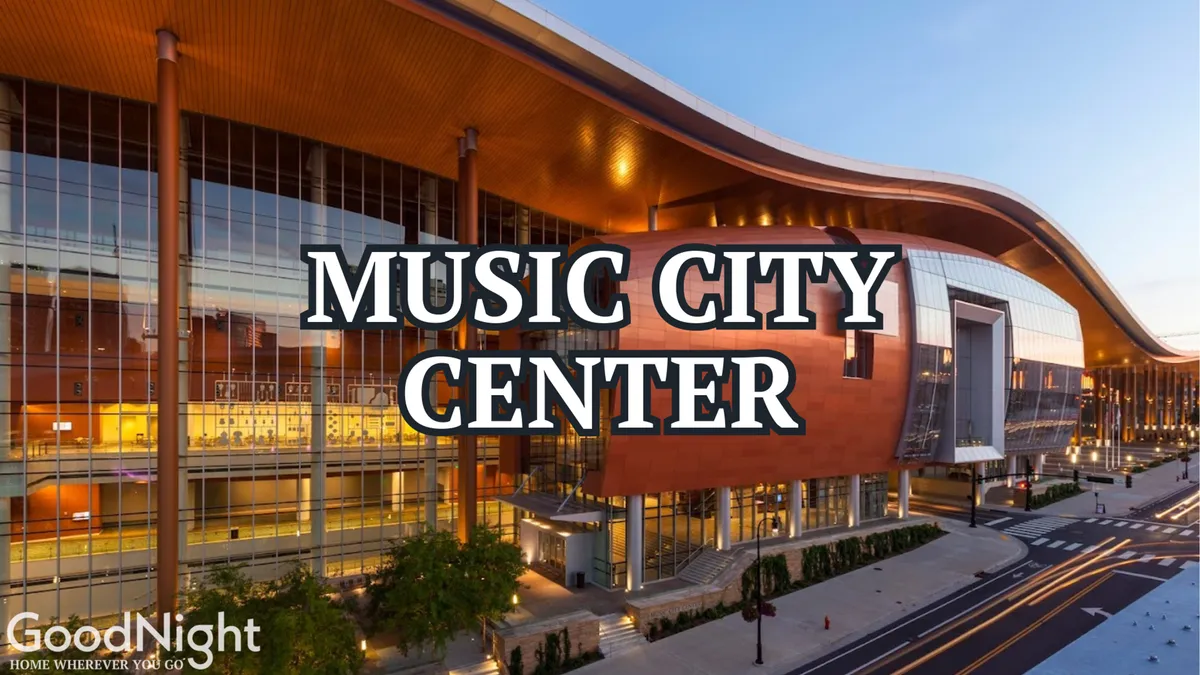 This exterior image showcases the Music City Center building with its striking architecture, well-maintained landscaping, and a bustling street view. The setting captures the energy of Nashville's business and event scene, hinting at its proximity to convention centers and urban hubs mentioned in the section.