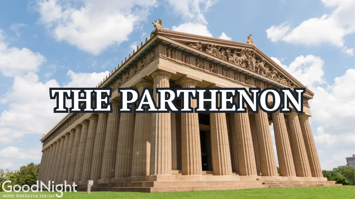 This image captures the iconic Parthenon structure in Centennial Park, with its grand columns and detailed pediment sculptures set against a clear sky. The setting exudes a sense of history and cultural significance, inviting visitors to explore Nashville's unique blend of art, architecture, and green spaces.