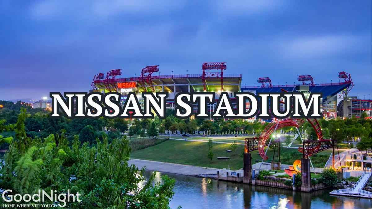 The exterior of Nissan Stadium beside the river, surrounded by greenery and park amenities. The scene is energetic and vibrant, suggesting easy access to local attractions, walkable environments, and opportunities for team outings or post-meeting activities.
