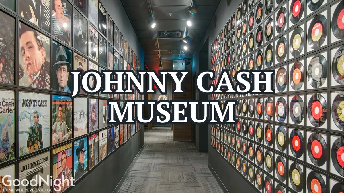 The image presents the vibrant interior of the Johnny Cash Museum, with a wall of framed album covers and vinyl records. The signage announces the museum, making it unmistakable. The space feels celebratory and immersive, inviting visitors to learn about Johnny Cash’s life and career in a fun, accessible environment.